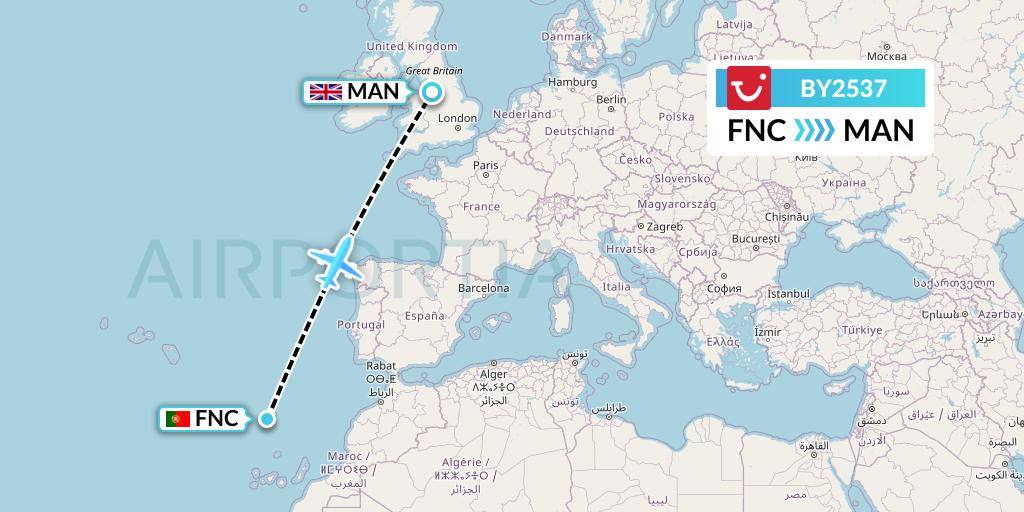 BY2537 TUI Airways Flight Map: Funchal to Manchester