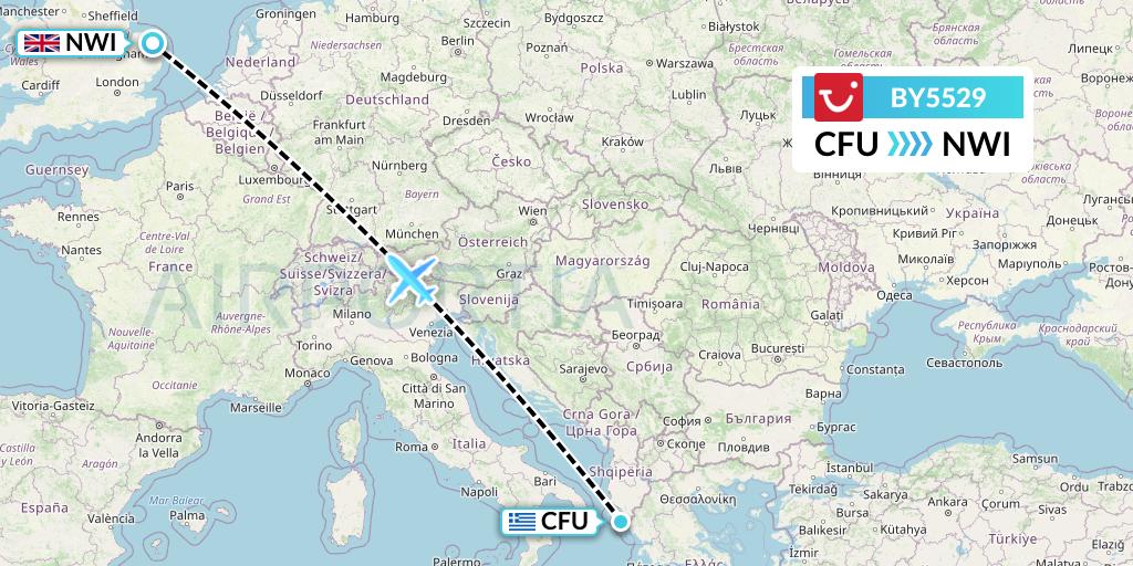 BY5529 TUI Airways Flight Map: Corfu to Norwich