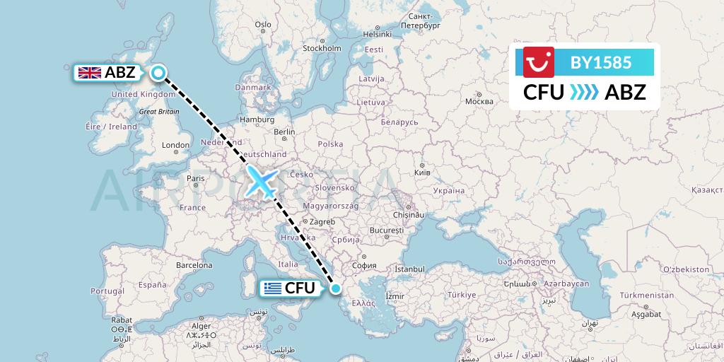 BY1585 TUI Airways Flight Map: Corfu to Aberdeen