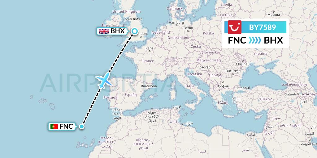 BY7589 TUI Airways Flight Map: Funchal to Birmingham