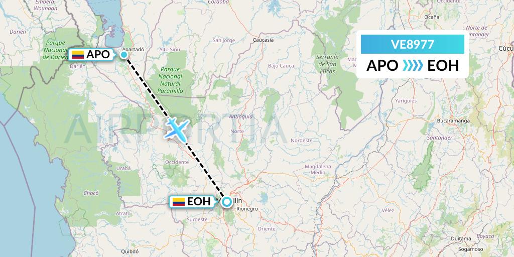 VE8977 Easyfly Flight Map: Apartado to Medellin
