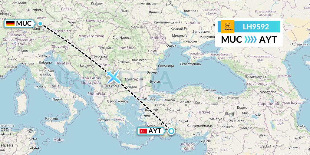 LH9592 Lufthansa Flight Map: Munich to Antalya