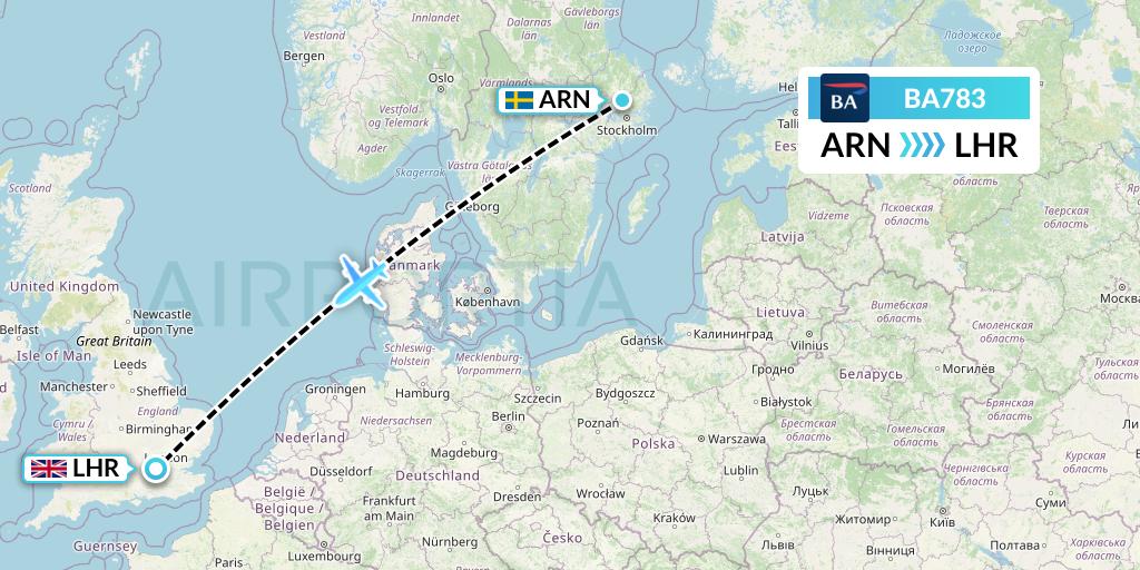 BA783 British Airways Flight Map: Stockholm to London