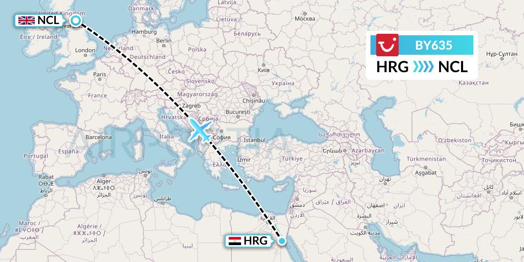 BY635 TUI Airways Flight Map: Hurghada to Newcastle