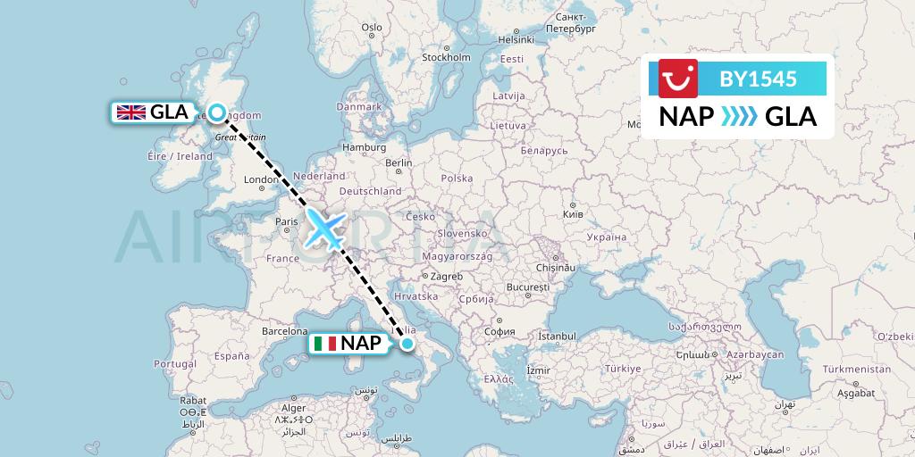 BY1545 TUI Airways Flight Map: Naples to Glasgow