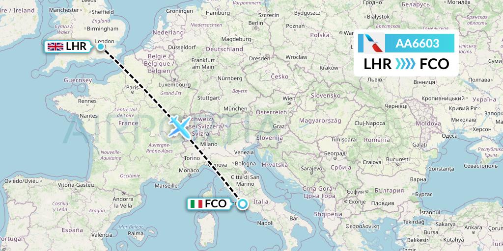 AA6603 American Airlines Flight Map: London to Rome