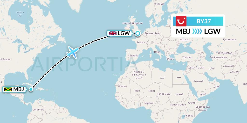 BY37 TUI Airways Flight Map: Montego Bay to London