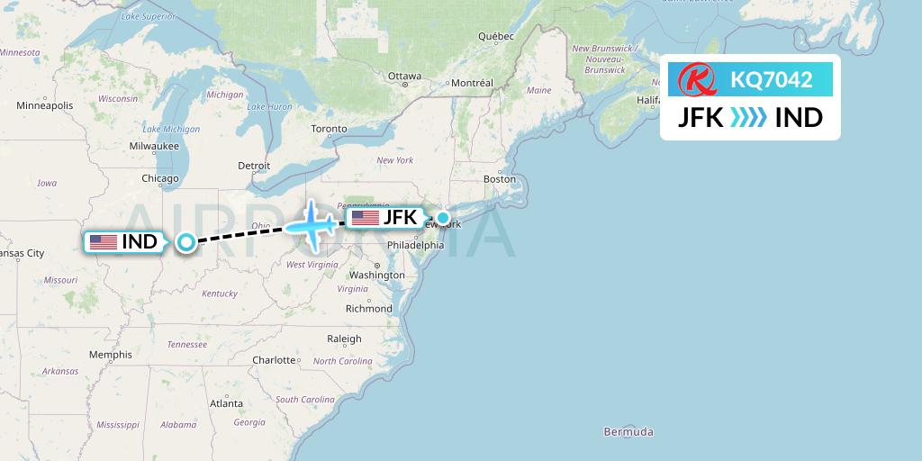 KQ7042 Kenya Airways Flight Map: New York to Indianapolis