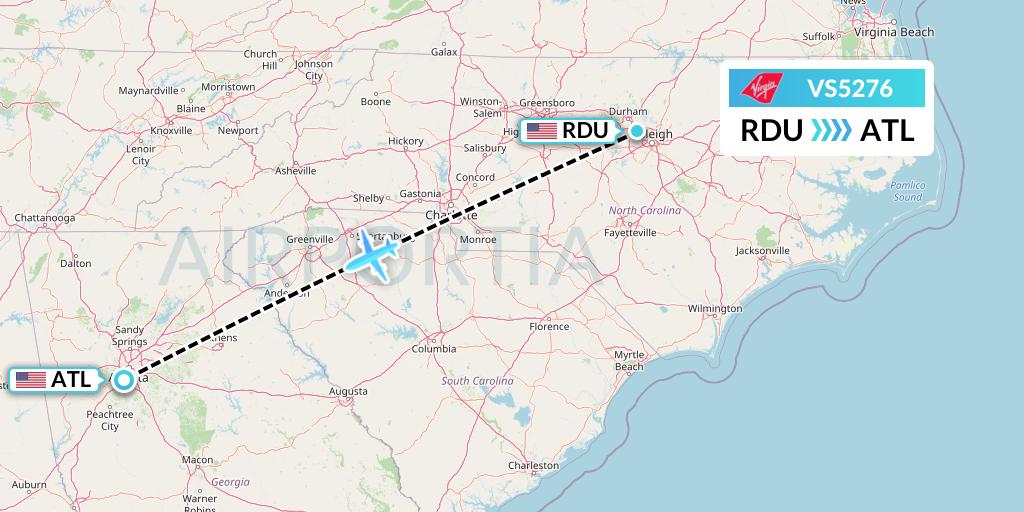 VS5276 Virgin Atlantic Airways Flight Map: Raleigh-Durham to Atlanta