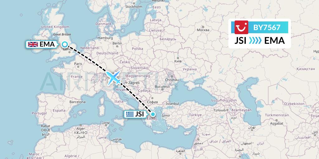 BY7567 TUI Airways Flight Map: Skiathos to East Midlands