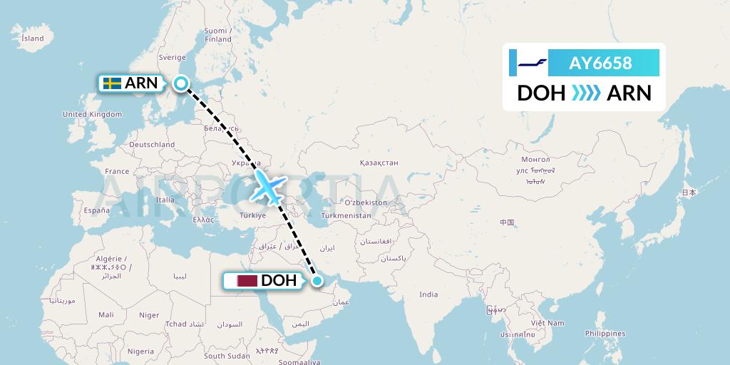 AY6658 Finnair Flight Map: Doha to Stockholm