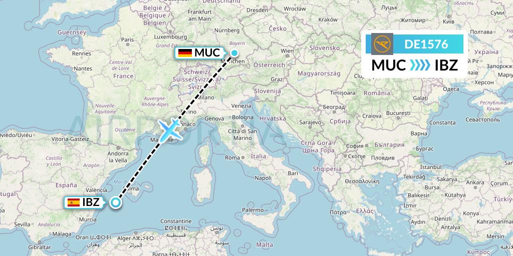 DE1576 Condor Flight Map: Munich to Ibiza