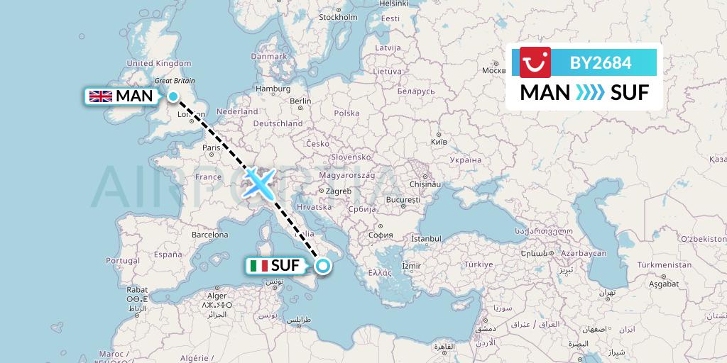 BY2684 TUI Airways Flight Map: Manchester to Lamezia Terme