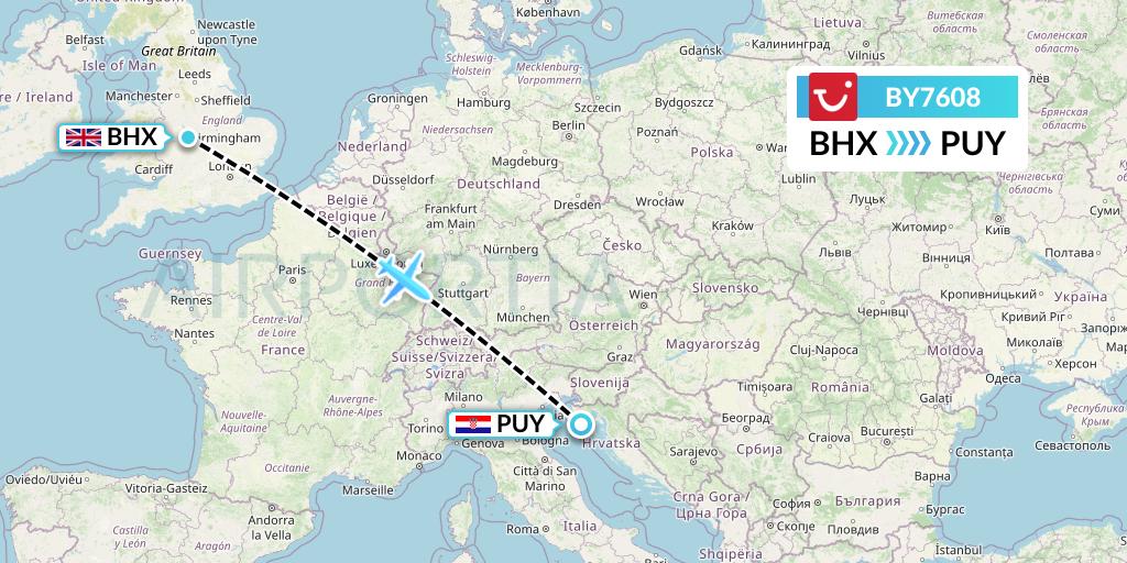 BY7608 TUI Airways Flight Map: Birmingham to Pula