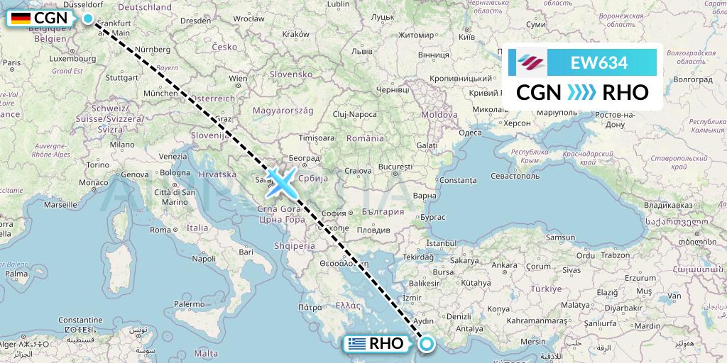EW634 Eurowings Flight Map: Cologne to Rhodes