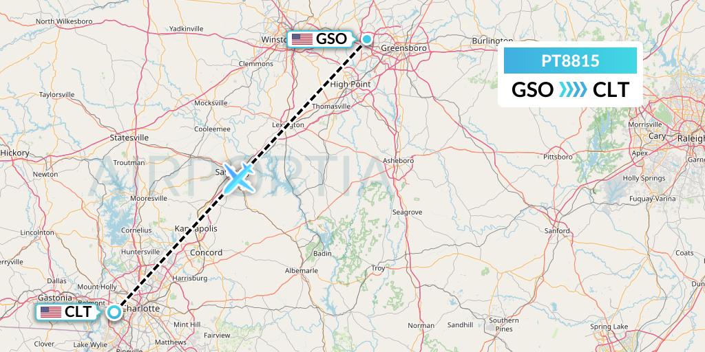 PT8815 Piedmont Airlines Flight Map: Greensboro to Charlotte