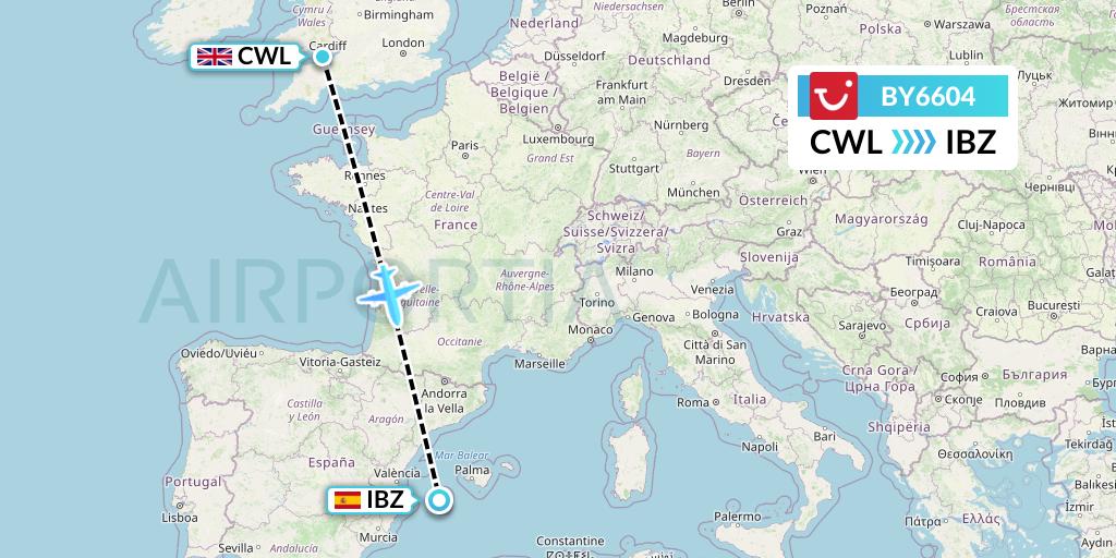 BY6604 TUI Airways Flight Map: Cardiff to Ibiza
