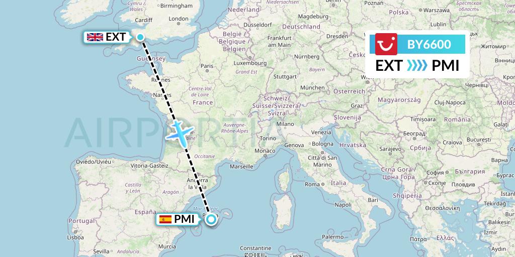 BY6600 TUI Airways Flight Map: Exeter to Palma de Mallorca