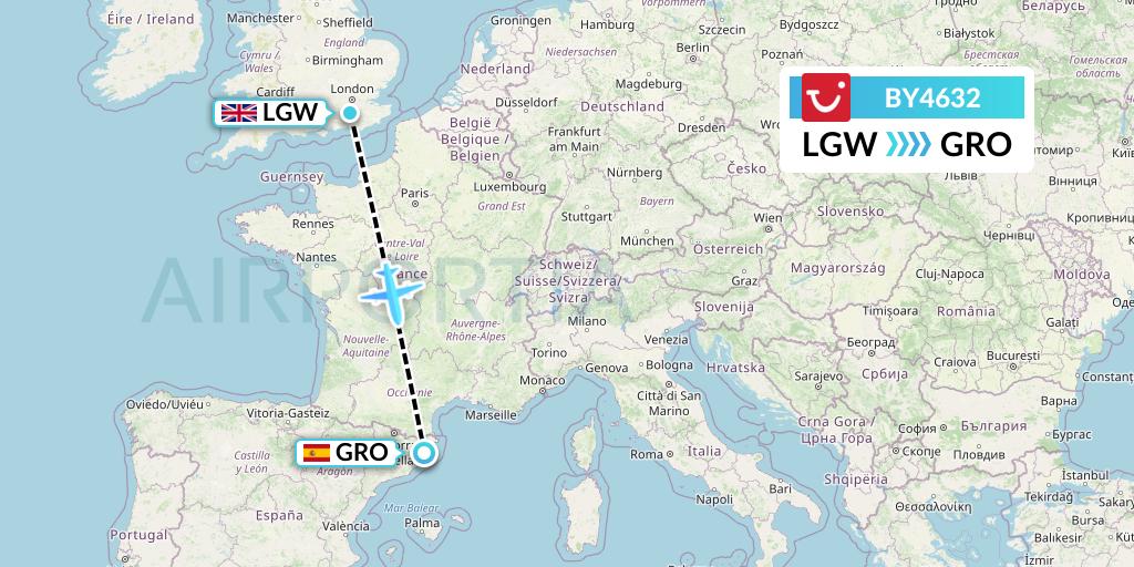 BY4632 TUI Airways Flight Map: London to Girona