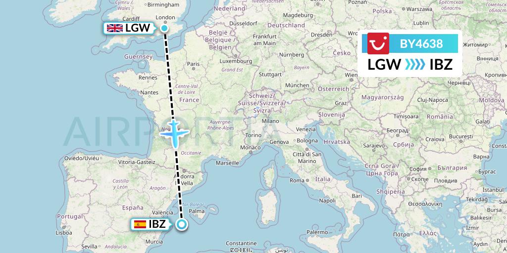 BY4638 TUI Airways Flight Map: London to Ibiza