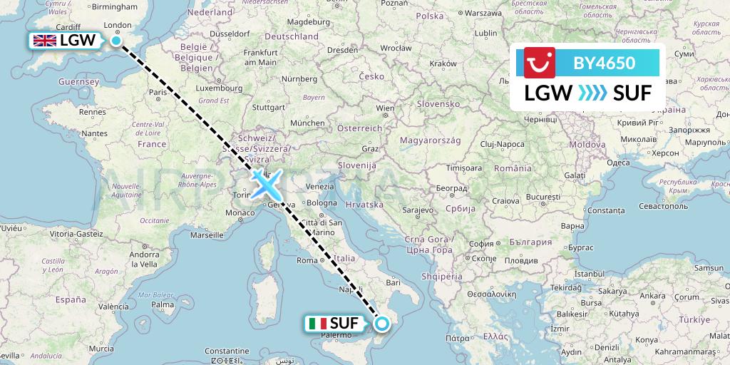 BY4650 TUI Airways Flight Map: London to Lamezia Terme