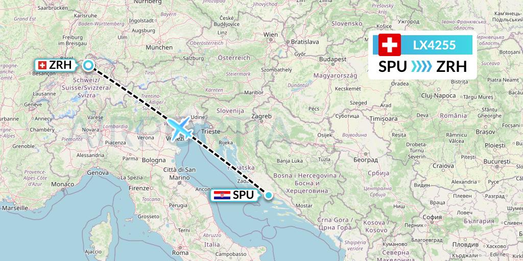 LX4255 Swiss Flight Map: Split to Zurich