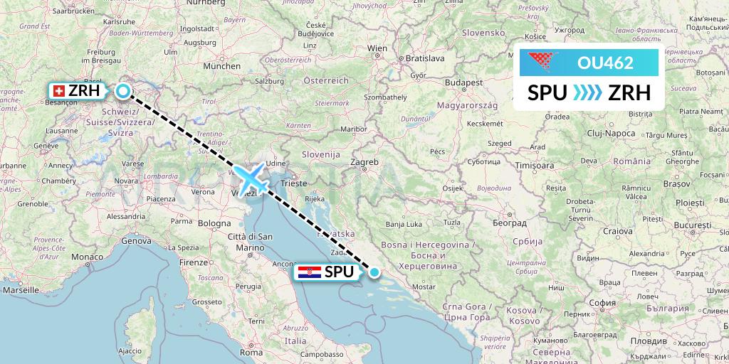 OU462 Croatia Airlines Flight Map: Split to Zurich