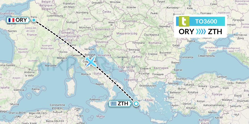 TO3600 Transavia France Flight Map: Paris to Zakynthos