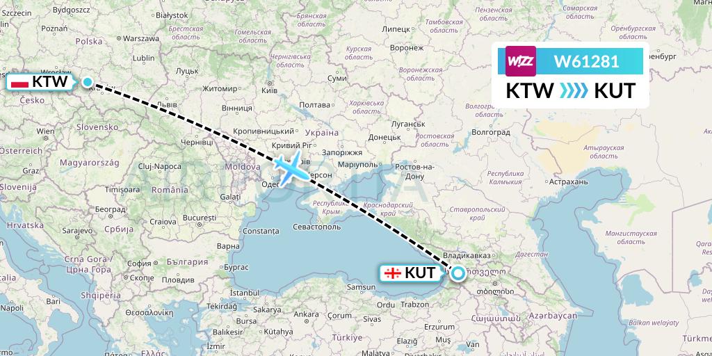 W61281 Wizz Air Flight Map: Katowice to Kutaisi