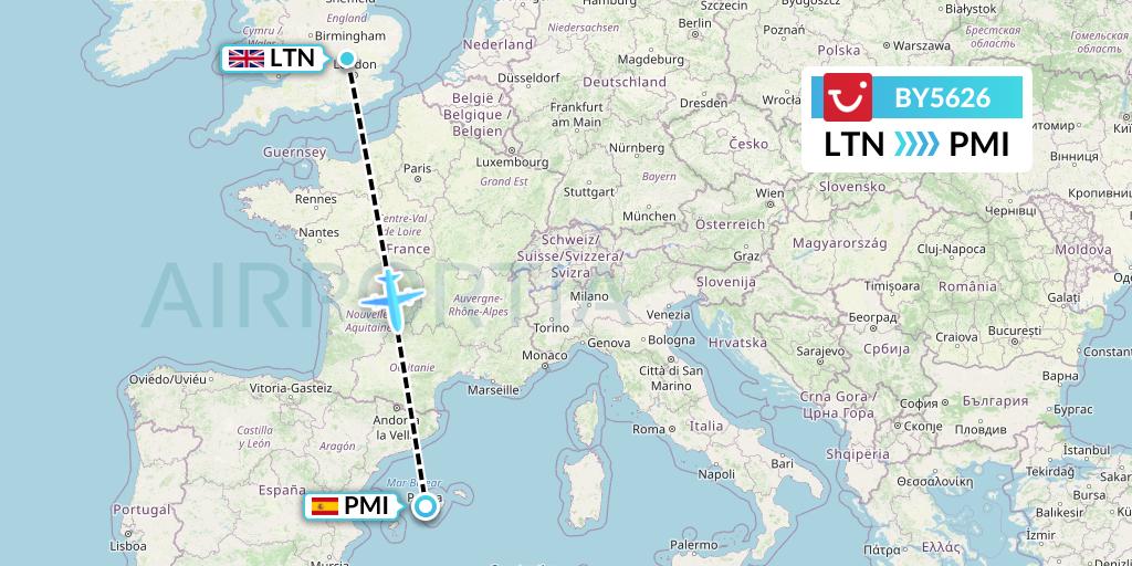 BY5626 TUI Airways Flight Map: London to Palma de Mallorca