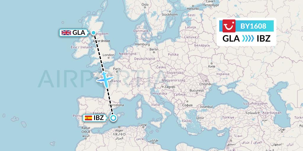 BY1608 TUI Airways Flight Map: Glasgow to Ibiza