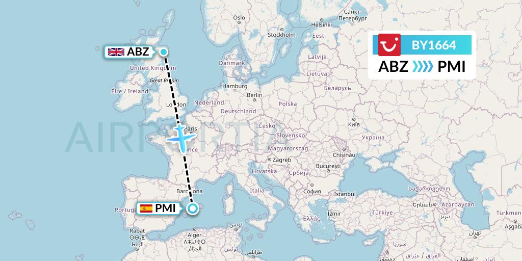 BY1664 TUI Airways Flight Map: Aberdeen to Palma de Mallorca