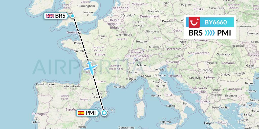 BY6660 TUI Airways Flight Map: Bristol to Palma de Mallorca