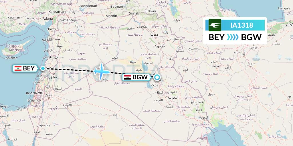 IA1318 Iraqi Airways Flight Map: Beirut to Baghdad
