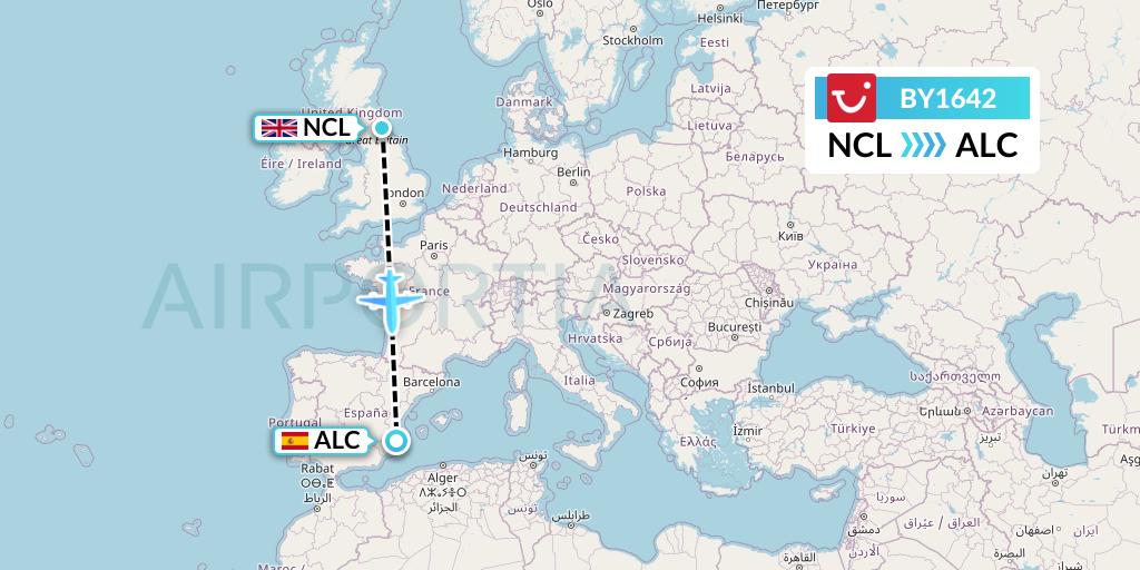 BY1642 TUI Airways Flight Map: Newcastle to Alicante