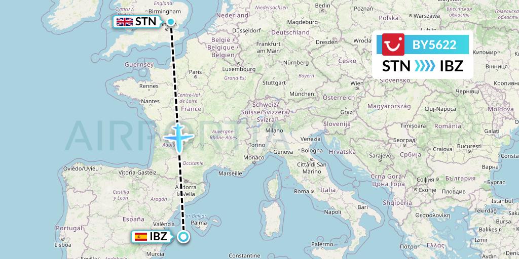 BY5622 TUI Airways Flight Map: London to Ibiza