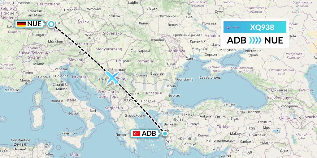 XQ938 SunExpress Flight Map: Izmir to Nurnberg