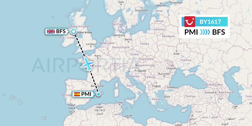 BY1617 TUI Airways Flight Map: Palma de Mallorca to Belfast