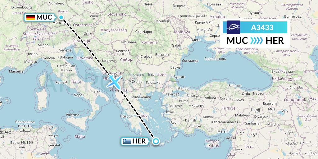 A3433 Aegean Airlines Flight Map: Munich to Heraklion
