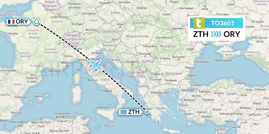 TO3601 Transavia France Flight Map: Zakynthos to Paris