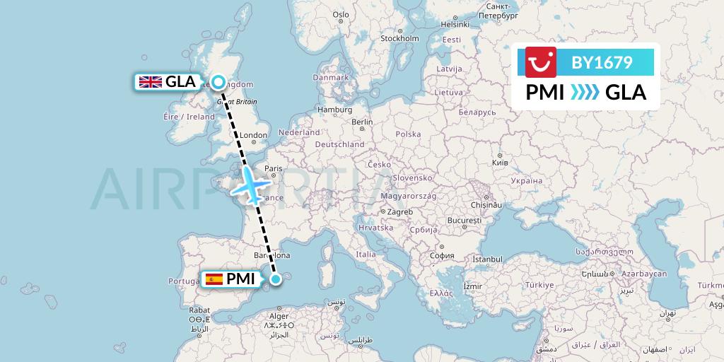 BY1679 TUI Airways Flight Map: Palma de Mallorca to Glasgow