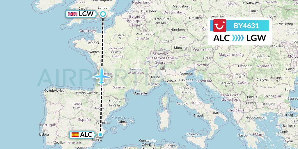 BY4631 TUI Airways Flight Map: Alicante to London