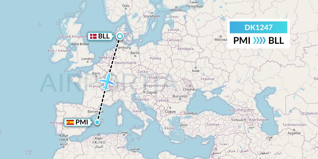 DK1247 Thomas Cook Airlines Scandinavia Flight Map: Palma de Mallorca to Billund