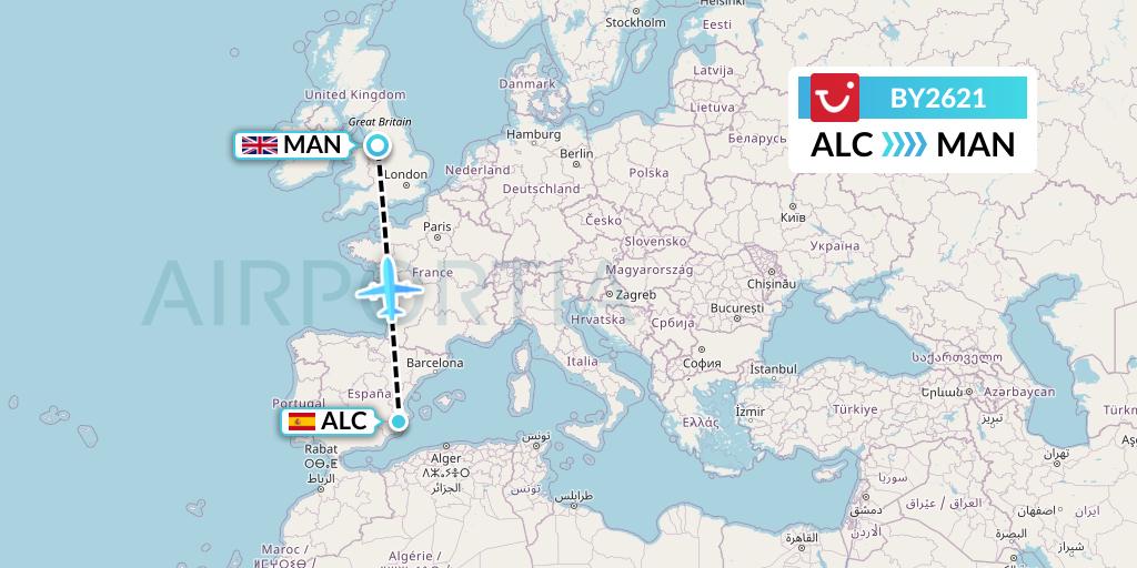 BY2621 TUI Airways Flight Map: Alicante to Manchester