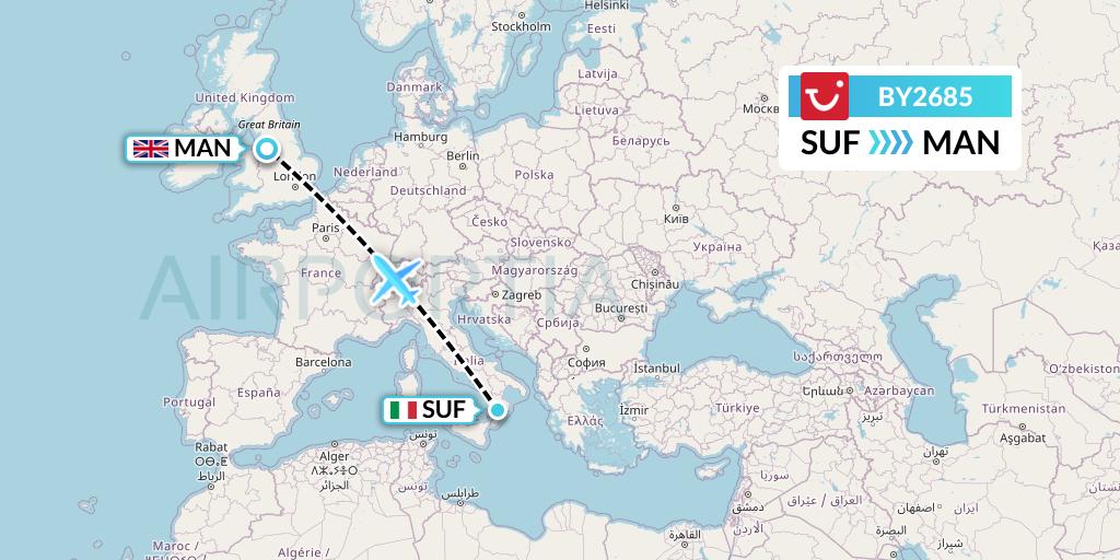 BY2685 TUI Airways Flight Map: Lamezia Terme to Manchester