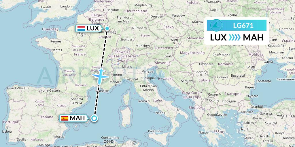LG671 Luxair Flight Map: Luxembourg to Mahon