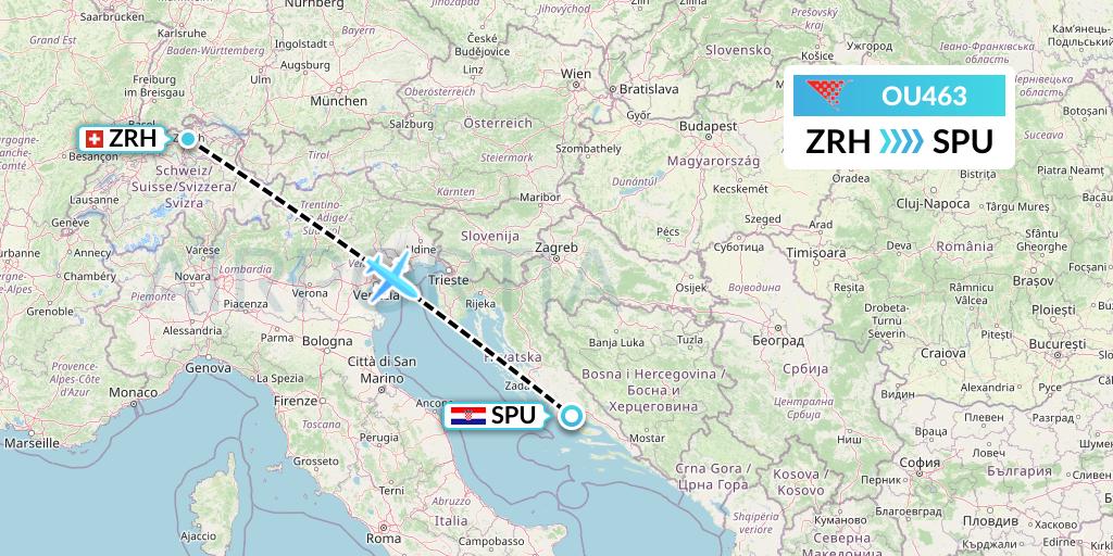 OU463 Croatia Airlines Flight Map: Zurich to Split