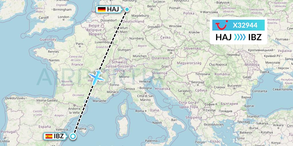 X32944 TUI fly Germany Flight Map: Hannover to Ibiza