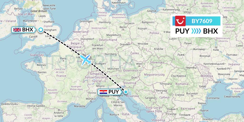 BY7609 TUI Airways Flight Map: Pula to Birmingham