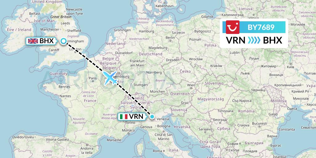 BY7689 TUI Airways Flight Map: Verona to Birmingham